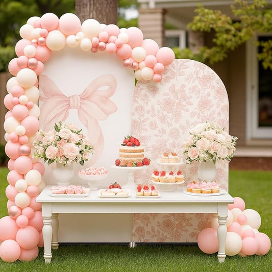 2Pcs Toile de Jouy Pink Bow and Floral Arch Backdrop Covers, Romantic French Style Spandex Arch Covers for Baby Shower, Girl Birthday, Wedding Party Decorations (7.2ft,6ft)