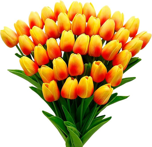 36 PCS Orange Tulips Artificial Flowers 13" PU Fake Flowers for Wedding Home Decor(Orange)
