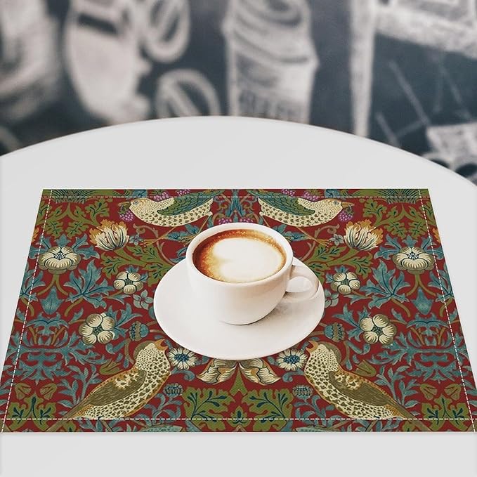 William Morris Floral Placemats Set of 4, Vintage Flower Strawberry Birds Red Place Mats, Heat Resistant Non Slip Cotton Linen Dining Table Mats for Home Kitchen Party 18x12 Inch