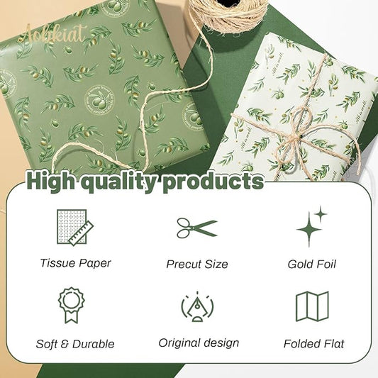 Aobkiat Christmas Green Tissue Paper for Bags,20 x 15 Inch Olive Leaf Wrapping Paper for Friends Family Present Packaging Gift Wrap,Wedding,Birthday,Xmas,New Year,DIY Craft,24 Sheets