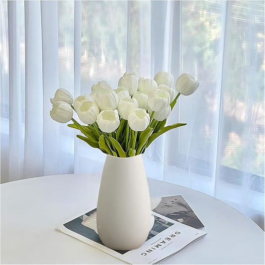 10pcs Partially Open Artificial Tulips 15.5" PU Artificial Flowers for Family Friend Gifts DIY Flower Arrangement Flowers in Home Kitchen Office Party Wedding Dining Table Decoration, White