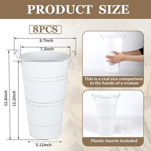 8pcs 12.8inch White Flower Holders for Flower Bar, Galvanized Flower Bucket, Metal Buckets for Party, Rustic Vases for Centerpieces, Floral Vase, Farmstand Supplies (White, 12.8inch Height)
