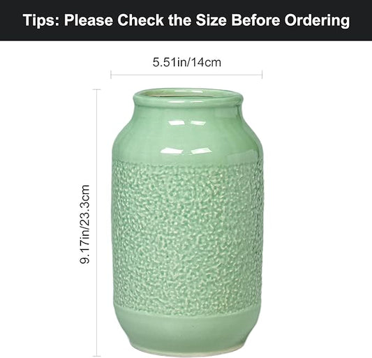 Ceramic Flower Vase, 9 Inch Green Vases for Home Decor, Modern Vase, Centerpieces, Table, Shelf, Console Cabinet, Entryway, Living Room, Bathroom, Office Decor