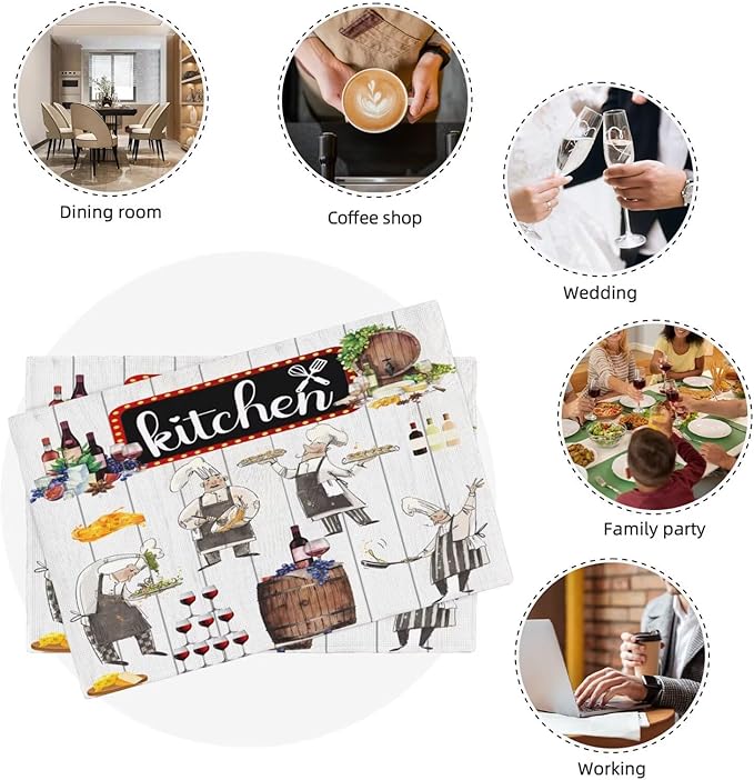 Chef Kitchen Linen Placemats Set of 6 Wine Cooking Theme Placemats for Indoor Outdoor Party Home Desktop Dining Room Decor 12x18 Inch
