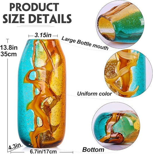 Handcrafted Glass Vase with Amber and Turquoise Colors - Artistic Decorative Flower Vase for Home Decor, Modern Art Piece for Living Room, Dining Table, and Office Desk (13.8 in)