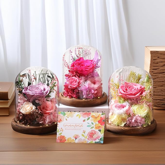 Flowers for Delivery Prime Preserved Flowers with LED Light in a Glass Dome,Long Lasting Real Roses Birthday Gifts for Women Daughter Mom Wife Friend(Reddish Rose)