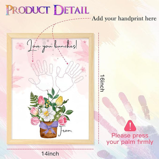 DIY FlowerHandprint Craft Kit for Grandma, Unique Gifts for Grandma, Birthday Gift for Mom Grandma Nana Mimi, Christmas and New Year Gifts(12" x 16", 2 Art Papers, Wood Frame)