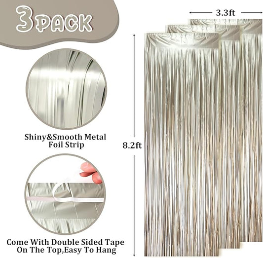 3 Pack 3.3 x 8.2 ft Matte Champagne Foil Fringe Backdrop Curtains, Gold Tinsel Streamers Party Decorations, Fringe Backdrop, Door Shimmer for Graduation, New Years Eve, Birthday Party