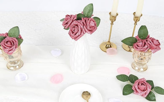 IPOPU Glitter Rose Bouquet,25PCS Sparkle Fake Roses Artificial Flowers Artificial Roses with Stems for Cake Wedding Bouquet Home Party Decoration(Salmon)