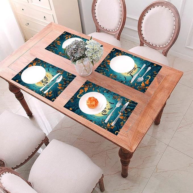 PVC Placemats Set of 1 Wipeable Table Mats Washable Heat Resistant Non Slip Vinyl Dining Table Mat for Kitchen Indoor Outdoor Patio Farmhouse Place Mats Halloween Bat Maple Decorative
