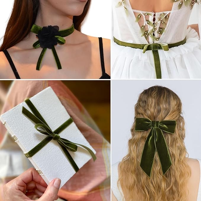 Olive Green Velvet Ribbon - 3/8 Inch x 10 Yards for Gift Wrapping, Crafts, Christmas Decor, Bow Making, Vintage Fabric