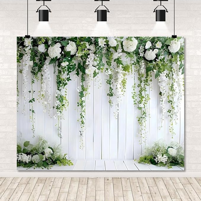 Flower Wall Backdrop 10x8ft Wedding Backdrop White Flower Backdrop Bridal Shower Backdrop Green Leaves Decoration Wood Wall Background Birthday Party Decorations Photo Studio Props