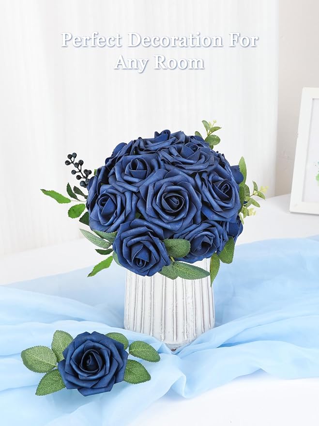 MACTING Artificial Flower Roses 60PCS Real Touch Fake Flowers with Stem Foam Roses for DIY Wedding Bouquet Table Centerpieces Party Holiday Home Indoor Spring Valentines Day Decorations,Navy Blue