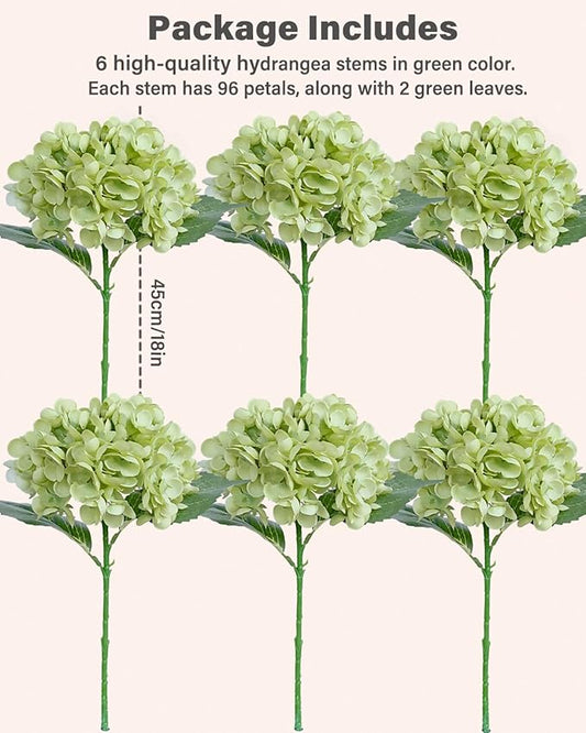 6PCS Premium Green Hydrangea Artificial Flowers Bouquets, Silk Hydrangea Flowers Heads with Stems, Fake Hydrangeas Flowers Arrangement, Faux Hydrangea Decor for Home Wedding Party Table Centerpieces
