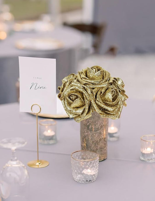 Gold Glitter Roses 30pcs Gold Roses 2.56" Glitter Flowers Artificial Roses with Stems for Centerpieces Wall Decorations Wedding Ceremony Bridal Shower Table Floral Arrangement (Gold)