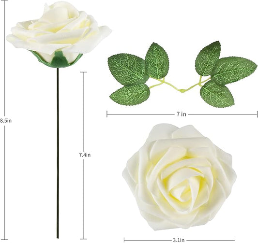 Artificial Flower Foam Rose 25pcs Real Looking Fake Rose with Stems Leaves for Home Decoration Party Garden Centerpieces DIY Wedding Bouquets(Ivory White)