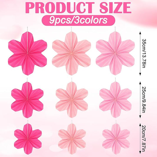 9 Pcs Pink Paper Flower Party Decorations, Hot Pink Paper Fans Hanging Ornaments Pink Birthday Decorations for Classroom Floral Backdrop Wedding Baby Showers Wall Decor