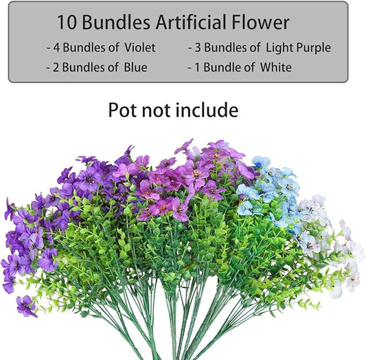 Artificial Flowers for Outdoor Indoor Garden Home Decoration, Faux Flower Daisy with Eucalyptus Leaves Fake Plants Greenery Boxwood Porch Patio, 10 Bundles (Purple-Blue)