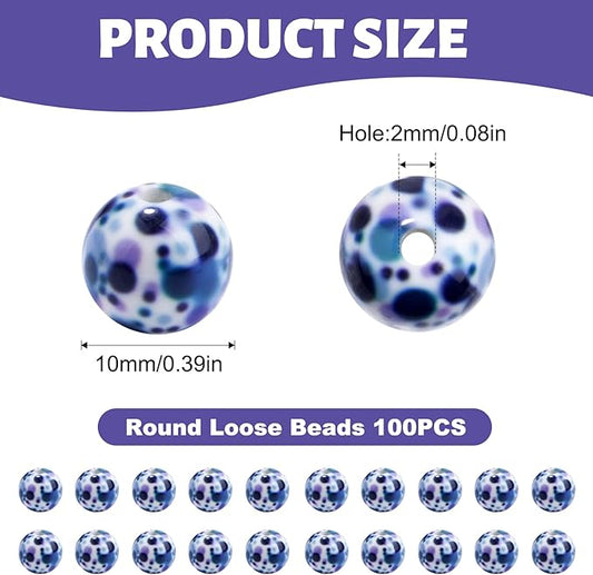 100 PCS 10mm Resin Beads Bulk for Bracelet Making Kit, Blue Bubbles Print Round Loose Beads for Jewelry Earring Necklace Rings Art Craft DIY Projects