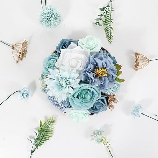 Artificial Flowers Combo Box Set Green Blue Bouquet Flowers for Wedding Centerpieces Arrangements Bridal Shower Party Decorations Fake Floral for Home