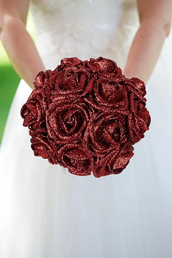 Red Glitter Roses 30pcs Fake Red Roses Real Looking 2.56" Glitter Flowers Faux Roses with Stems Foam Roses for Bridal Shower Decorations Wedding Bouquet Decor