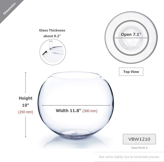 WGV Large Bowl Glass Vase, Diameter 12", Height 10", (Multiple Sizes Choices) Clear Round Bubble Vase Jar, Floral Planter Terrarium for Wedding Event Home Decor, 1 Piece (VBW1210)