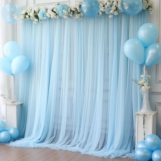 20x10 Blue Tulle Backdrop Curtains for Parties, Sheer Backdrop Curtain Wedding Photo Background Drapes for Baby Shower Photography Birthday Party