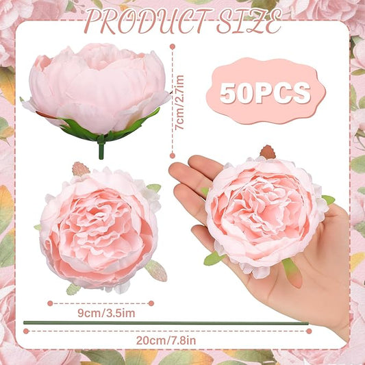 50 Pcs Artificial Peony Flower Bulk 3.5 Inch Silk Peony Flowers Heads with Stems Realistic Fake Roses for DIY Wedding Party Craft Bridal Bouquets Table Centerpieces Vase Home Decor(Pink)