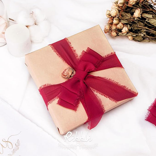 Ribbli Dark Red Chiffon Ribbon 1-1/2 inch x 20 Yard Handmade Fringe Chiffon Silk Ribbon,Dark Red Ribbon for Wrapping, Wedding Invitations, Bridal Bouquets, Home Decor