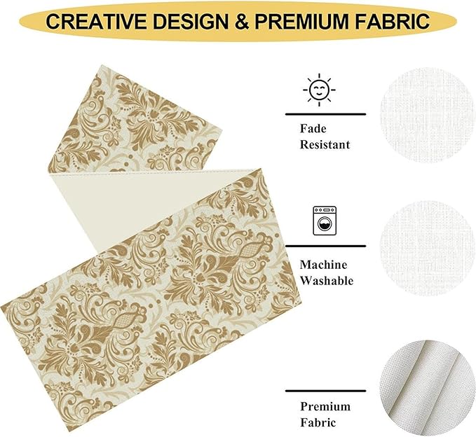 Golden Damask Table Runner, Luxury Antique White Gold Bohemian Exotic Flower Cafe Table Center Decor for Home Kitchen Dining Patio Holiday Party Indoor Outdoor Table Decorations 13x108 inch