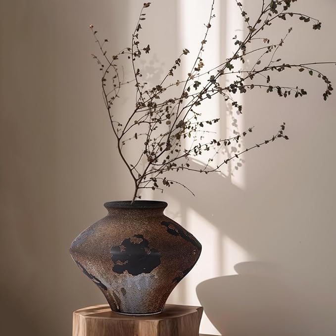 Rustic Ceramic Wabi Sabi Vase, 6.7''Vintage Brown Pottery Flower Jar with Wide Mouth, Handmade Distressed Clay Decor for Table Centerpiece, Farmhouse Shelf, Entryway or Mantel
