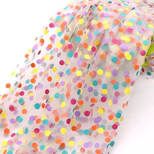 Oakbud Flower Wrapping Mesh Paper Rainbow Polka Dots Tulle Floral Bouquet Gift Packaging Paper Florist Supplies for Wedding Mothers Day Valentines Day 19.7inch x 1.64Yard (White)