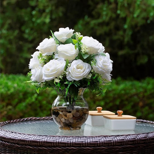 ENOVA FLORAL 18 Heads Silk Rose Artificial Flowers in Vase,Faux Rose Flowers Arrangement in Round Bowl Vase with Faux Water and River Rock for Table Decor Centerpieces (Cream)