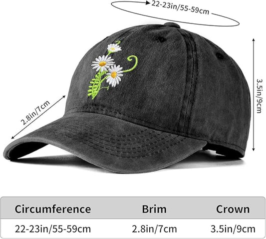 Cute Flower Hat, Elegant Floral Embroidered Adjustable Baseball Cap for Men Women, Gifts for Flower Lovers, Black
