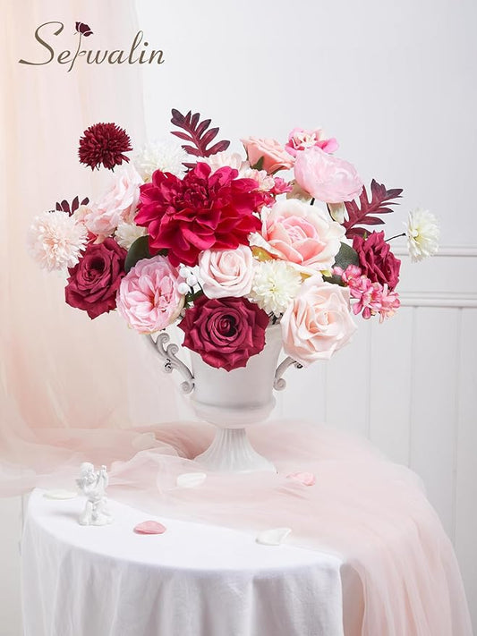 Serwalin Burgundy Hot Pink Artificial Flowers Silk Flowers Fake Cake Flowers Arrangements for DIY Wedding Bouquets Party Table Centerpieces Home Decorations Indoor Outdoor