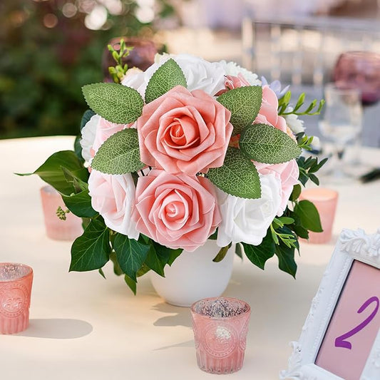 AmyHomie 25pcs Real Looking Artificial Shades of Blush Roses w/Stem for DIY Wedding Bouquets Centerpieces Arrangements Party Baby Shower Valentines Day Christmas Tree Decorations