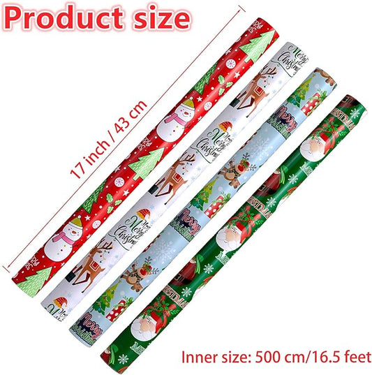 Anvure Christmas Wrapping Papers (4 Rolls: 93 sq. ft total) with Santa Claus, Snowman, Elk, Tree, Xmas Pattern Design, 17 Inch*16.4 Feet per Rolls, Blue/White/Red/Green Holiday Gift Wrap for Presents
