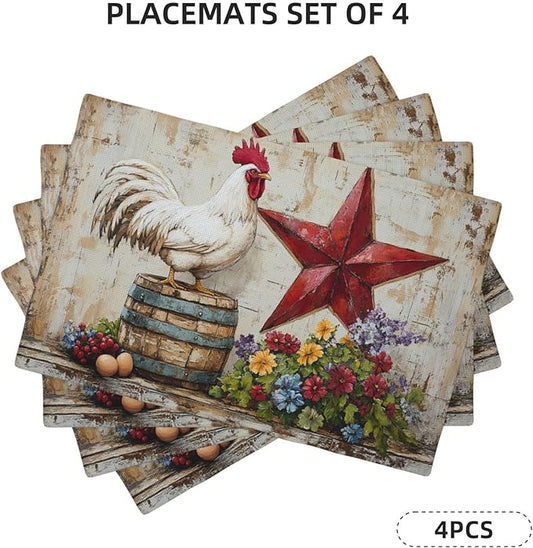 Farmhouse Chicken Placemats Set of 4 Washable Table Retro Rooster Heat-Resistant Cotton Linen Place Mats for Dining Table Kitchen Indoor Outdoor Party Holiday Decor