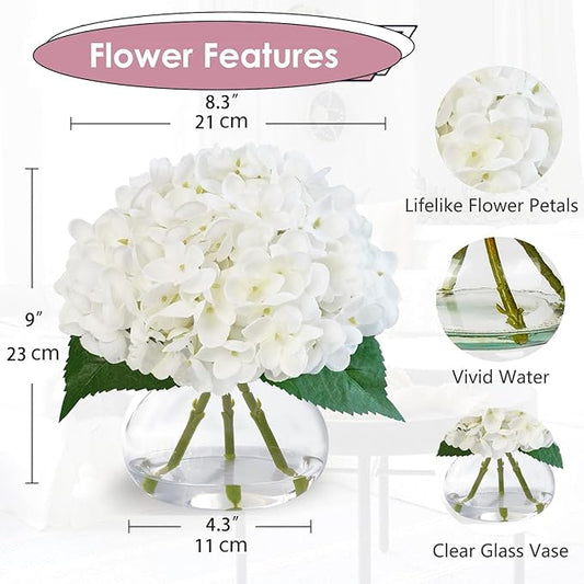 Hydrangea Artificial Flowers in Glass Vase, White Silk Fake Flowers Silk Centerpiece Table Decorations for Dining Room, Coffee Table Decor,Wedding, Home with Faux Water Decor(White)