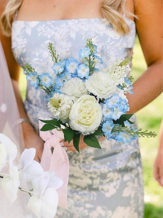 Rinlong 1Pc Baby Blue Bridesmaids Bridal Bouquet Artificial Delphinium Wedding Bouquets for Bride Bridesmaid Silk Bouquet for Wedding Prom
