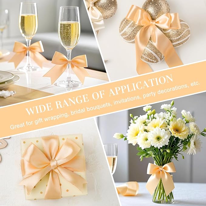 1-1/2 Inches 50 Yards Champagne Satin Ribbon, Solid Fabric Ribbon Roll for Flower Bouquets, Gift Wrapping, Wedding, Handmade Crafts