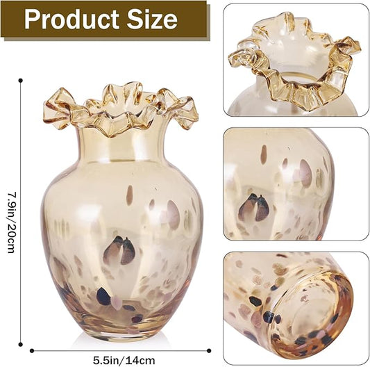 Hand Blown Amber Glass vase, Unique Glass Wide Mouth vase for Console Office TV Stand Coffee Table entryway Entrance Desktop Living Room Dining Table Centerpiece.
