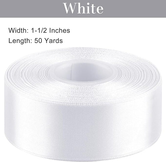 1-1/2 Inches 50 Yards White Satin Ribbon, Solid Fabric Ribbon Roll for Flower Bouquets, Gift Wrapping, Wedding, Handmade Crafts
