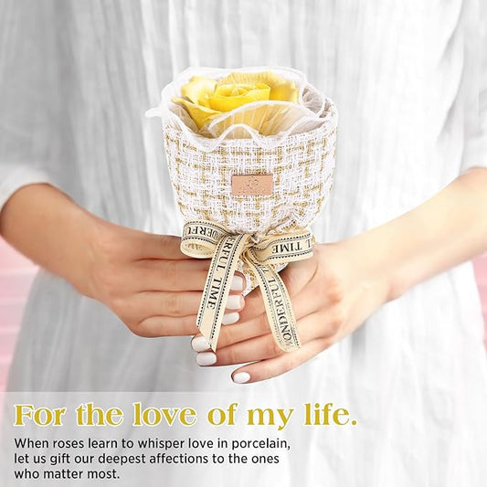 Eternal Love Ceramic Flower Bouquet - Handmade Yellow Ceramic Blossoms with Fragrance, The Perfect Luxury Gift Box for Her Anniversary/Birthday/Mother’s Day/Christmas, Includes Greeting Card