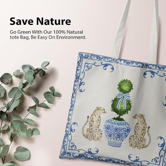 Blue and White Chinoiserie Prints Canvas Tote Bag for Women, Reusable Folding Shopping Bags with Handles