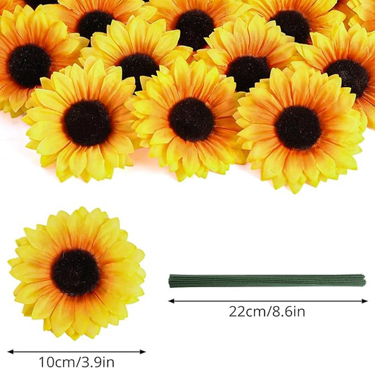 40pcs Fake Sunflower Heads with Stems, 4" Sunflower Artificial Silk Flower Heads for Party Baby Shower Wedding Making Handicrafts Home Decor(Fall Yellow)