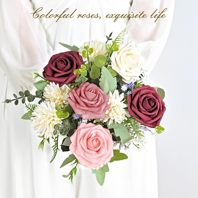 BLEUM CADE 16Pcs Artificial Flowers Fake Roses with Stems, Gradient Burgundy Boxed Foam Roses for DIY Bouquets Centerpieces Wedding Party Arrangement Bridal Shower Decor