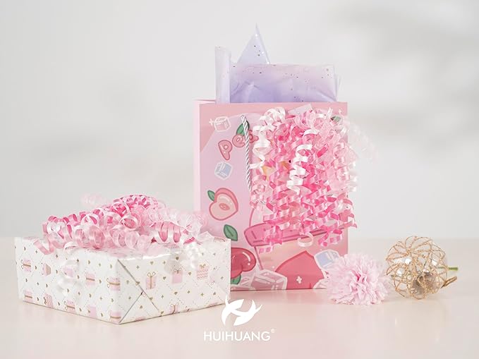 HUIHUANG Bows for Gift Wrapping Pink/White/Hot Pink Curly Bows with Self Adhesive & Twist Tie, 7 inch Pink Gift Bow for Presents, Gift Basket, Baby Shower, Christmas Decor, Party Favors- 6 Counts