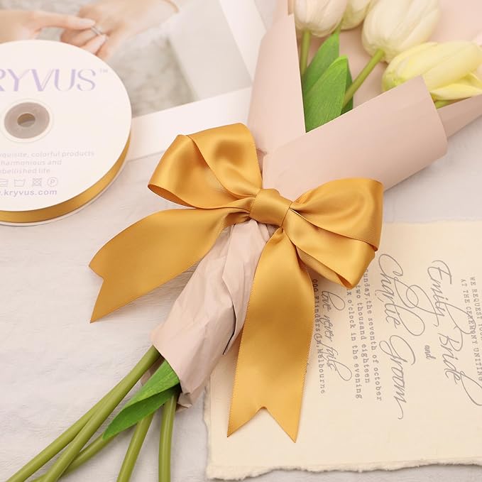 Old Gold Satin Ribbon, Double Faced 1-1/2 Inch X 50 Yards Old Gold Ribbon, Premium Satin Ribbon for Gift Wrapping, Crafts, Hair Bow Making, Sewing, Flower Bouquet, Wedding Party Decor