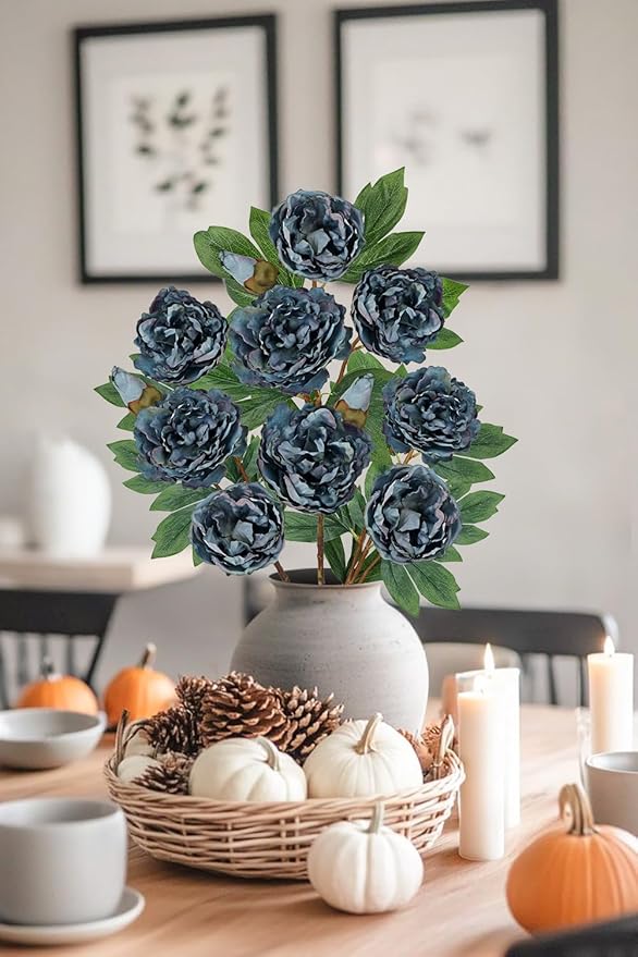 Briful 3 Pack Artificial Peony Flower 27.5" Tall Blue Silk Peonies Floral Stems Real Touch Faux Peony Flower for Wedding Bouquets Home Floral Arrangements Table Centerpieces DIY Décor